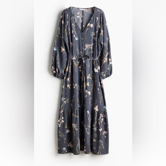 H&M‎ Tie Belt Crepe Dress Gray Floral Long Button Present Sleeve Woman’s Size S - Picture 10 of 15